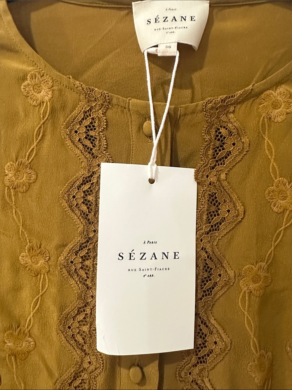 Sezane Olive-Mustard Embroidered Button shirt size 4 - Picture 4 of 16
